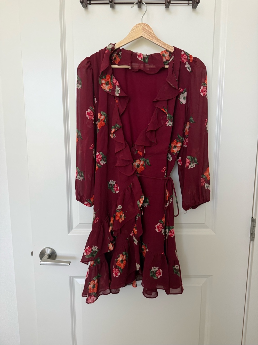 Astr Burgundy Floral Wrap Dress with Ruffle Detail
